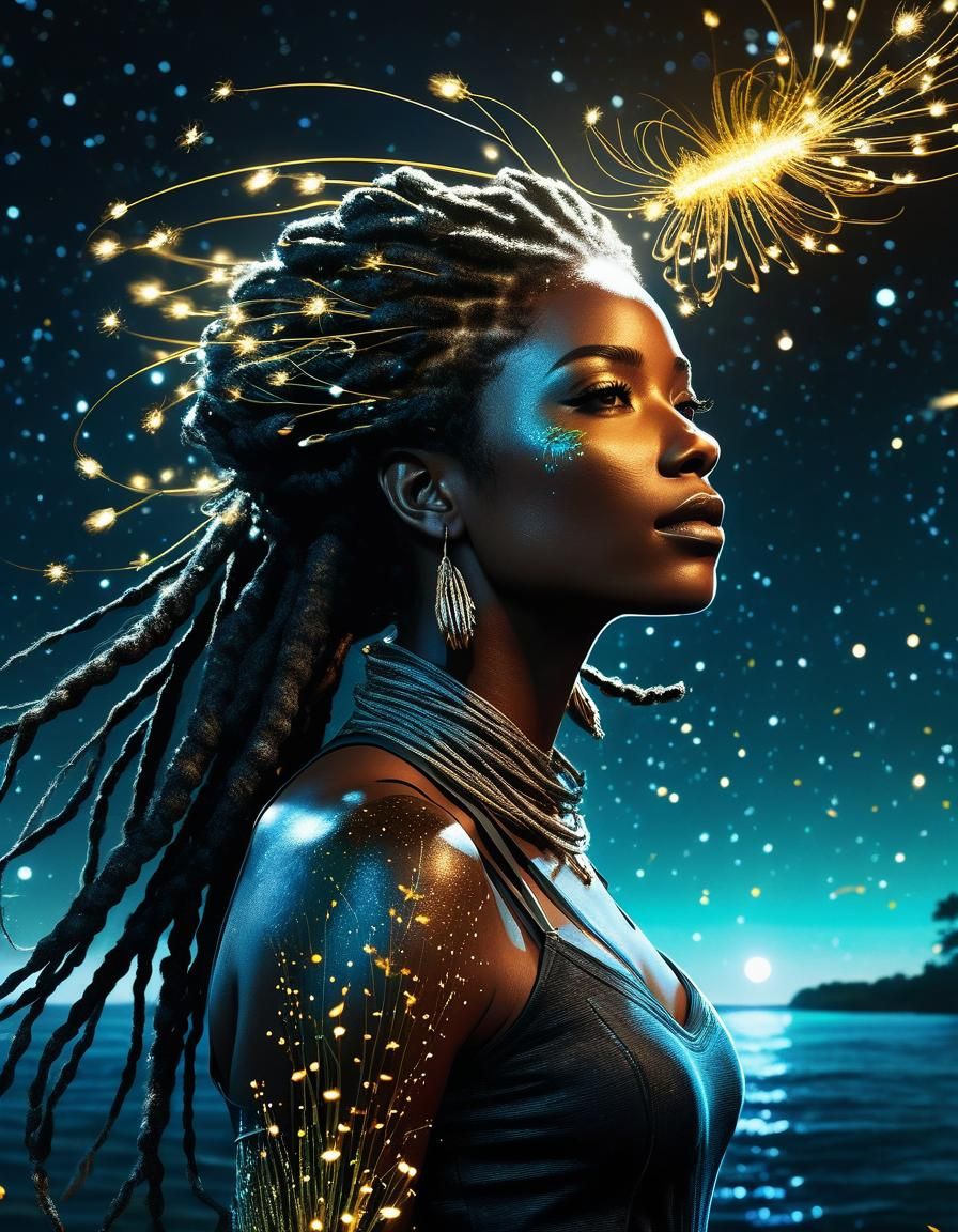 Grotesque Fireflies Surround Girl on Beach