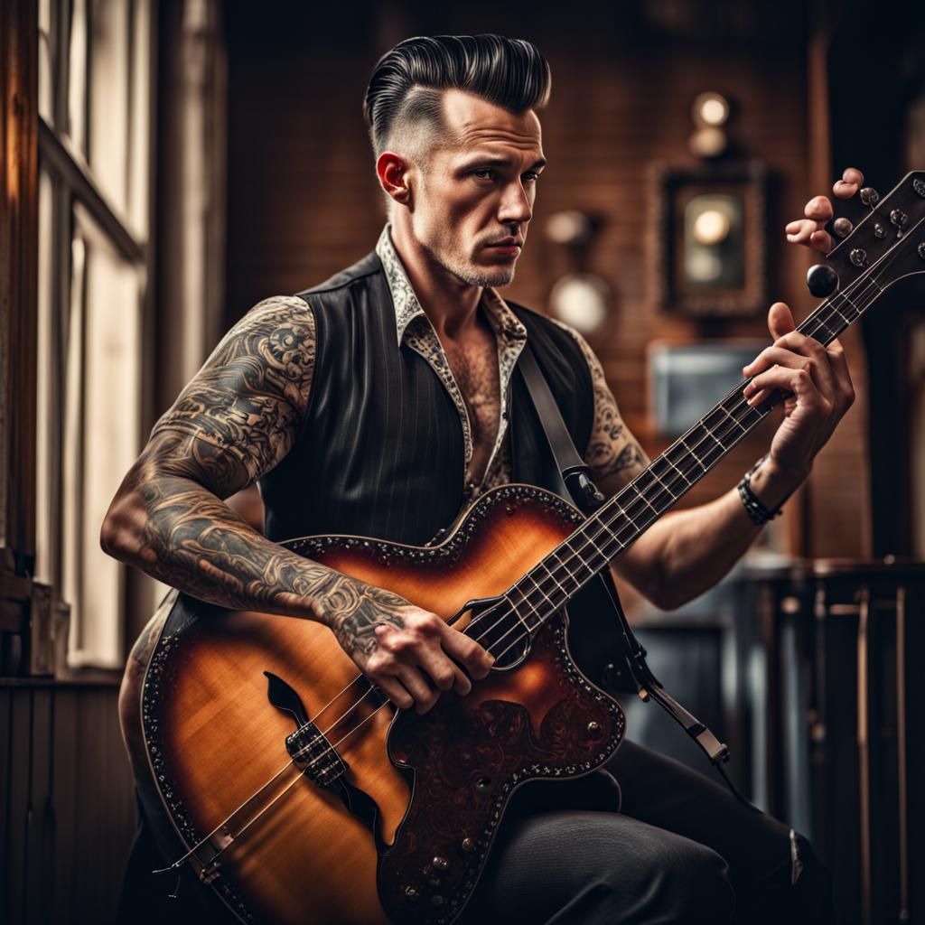 Hyperrealistic Rockabilly Musician with Acoustic Bass