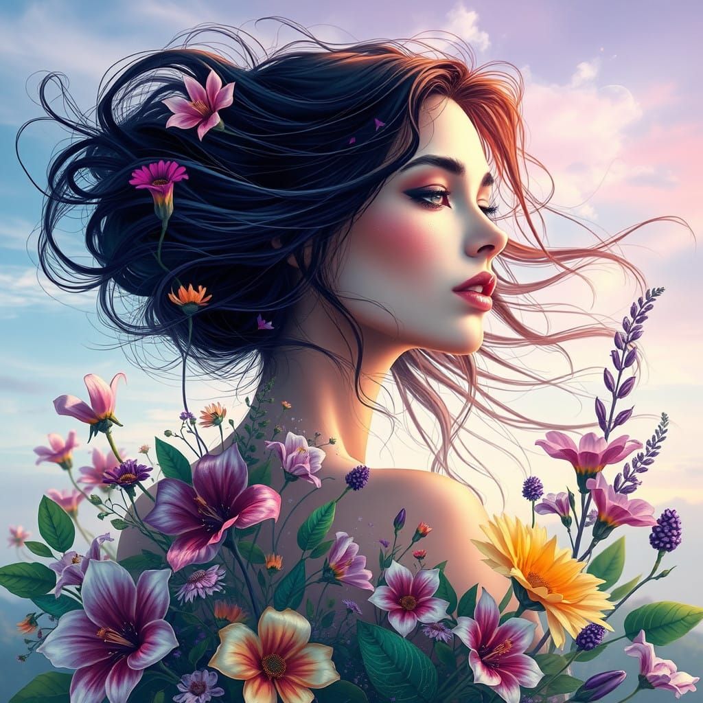 Dreamlike Ethereal Goddess in Vibrant Floral Wonderland