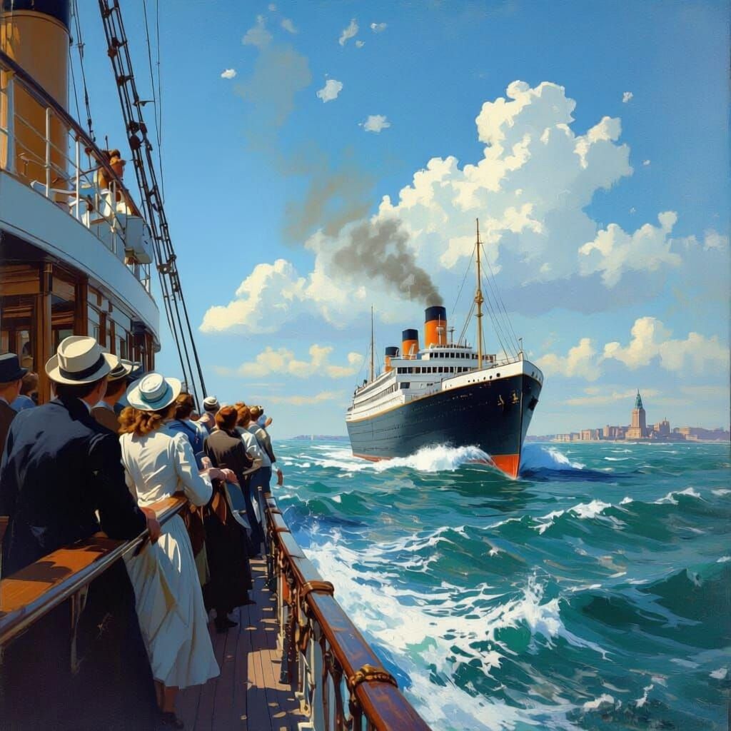 Steamship Arrives at Statue of Liberty in Realistic Oil Pain...