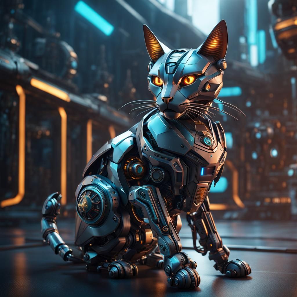 Futuristic Robot Cat in Detailed Matte Painting