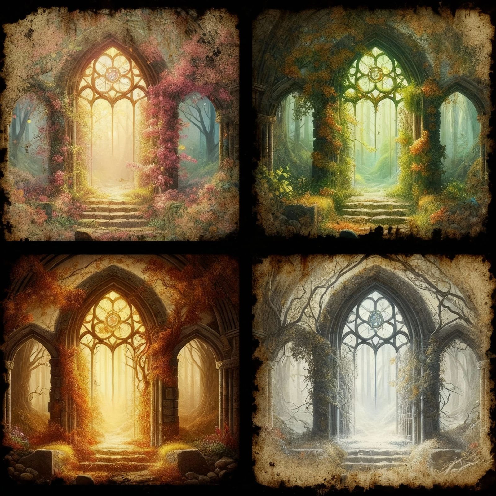 Gothic Castle Window Through Seasons