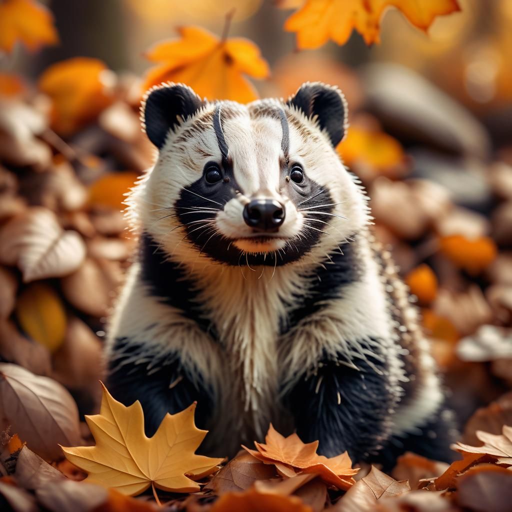 Kawaii Badger in Autumn Leaves: Wildlife Photography