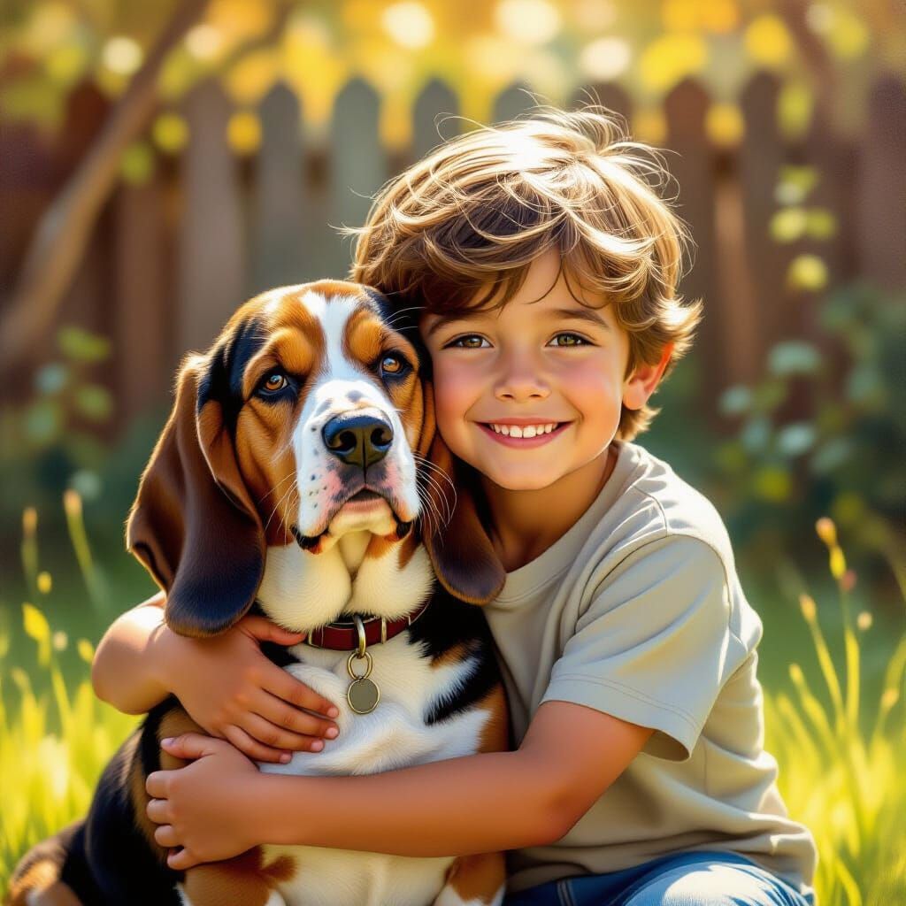 Boy and Basset Hound Hugging in Sunlit Backyard