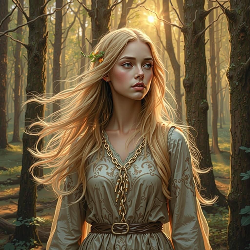 Mystical Forest Witch in Atmospheric Landscape