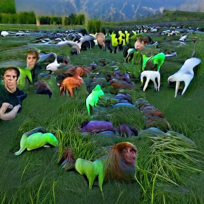 Hyperrealistic Animal Hybrids Grazing in Neon Lit Field