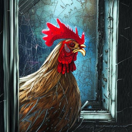 Gothic Chicken Gazing Through Window