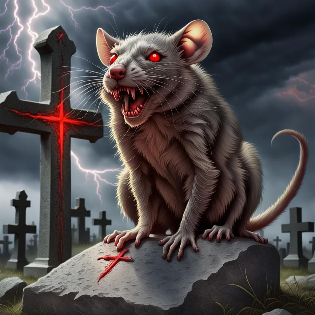 close up, Giant graveyard rat, glowing red eyes, sharp teeth...