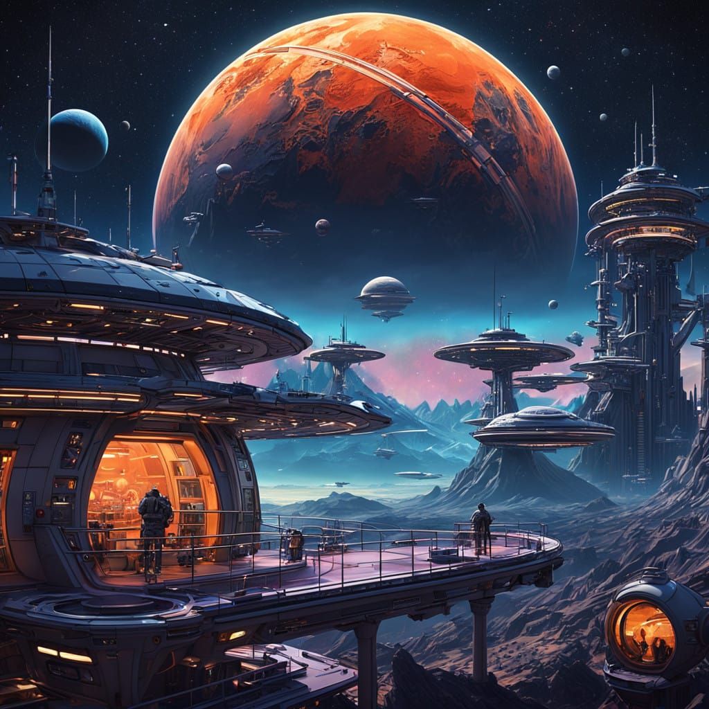 A Futuristic Space Station Among the Planets