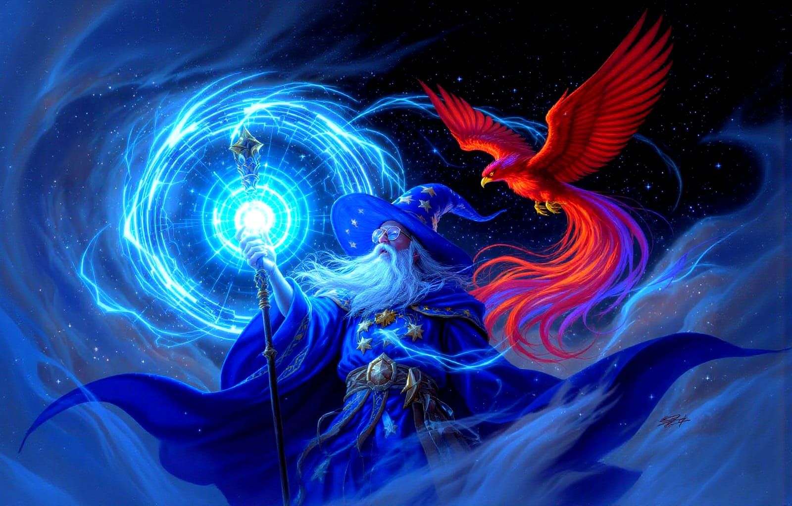 Wizard Casting Spell with Phoenix in Cyberpunk Style