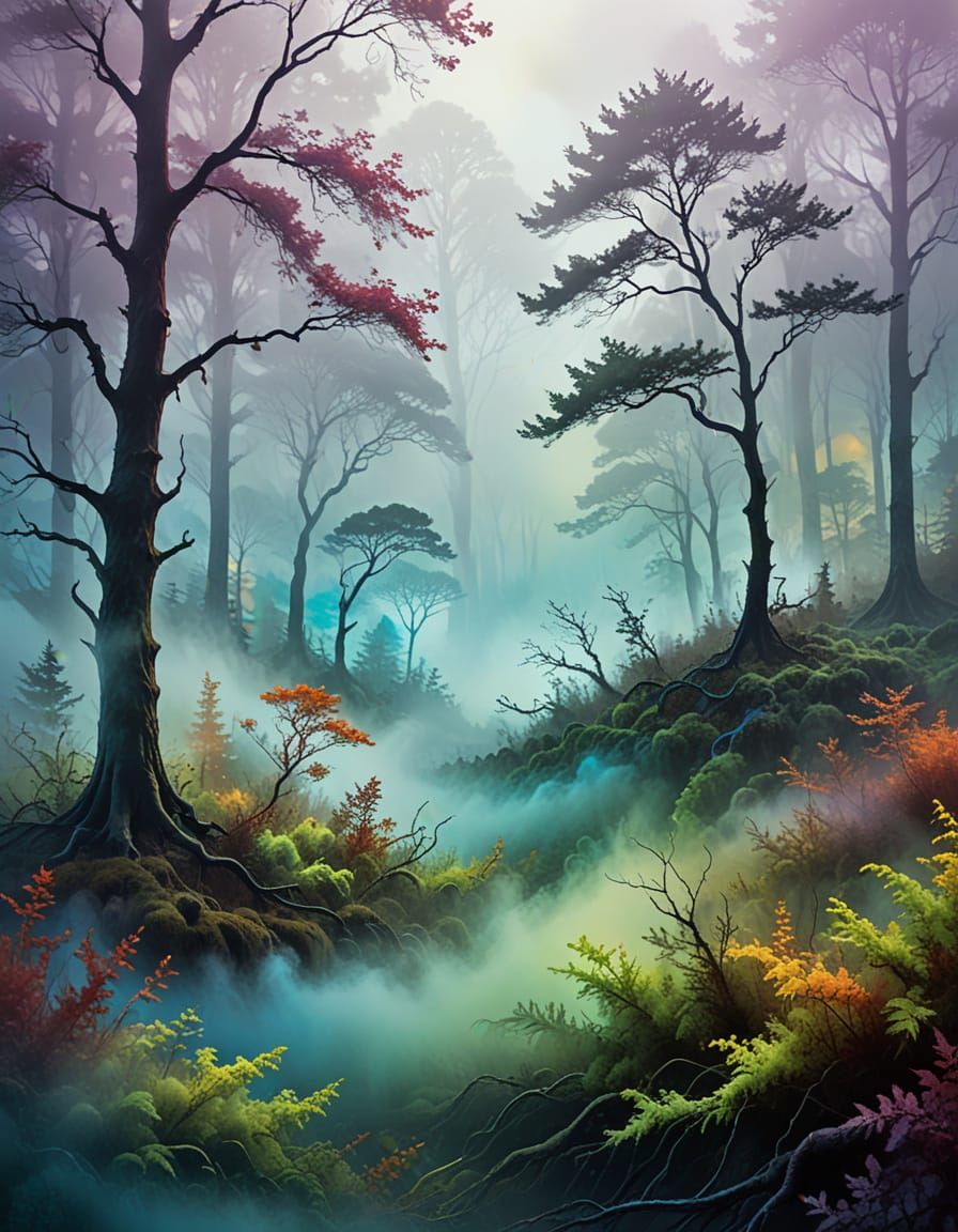 Abstract Foggy Forest with Vibrant Colors