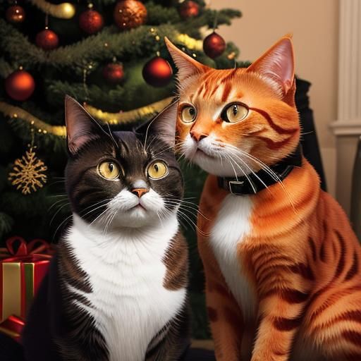 Festive Cats by Christmas Tree in Splash Art