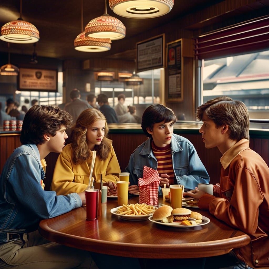 Teens Chatting in 1980s Restaurant, Hyperrealistic Style