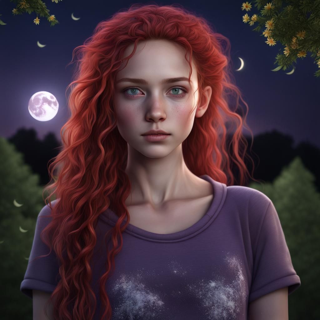 Red-Haired Girl in Twilight: Photorealistic Digital Art