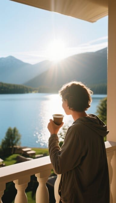 Person Enjoying Coffee on Balcony Overlooking Lake at Sunris...