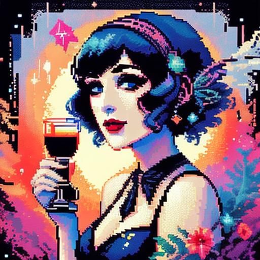 Pixelated Chibi Flapper in Speakeasy, Alcohol Ink Art