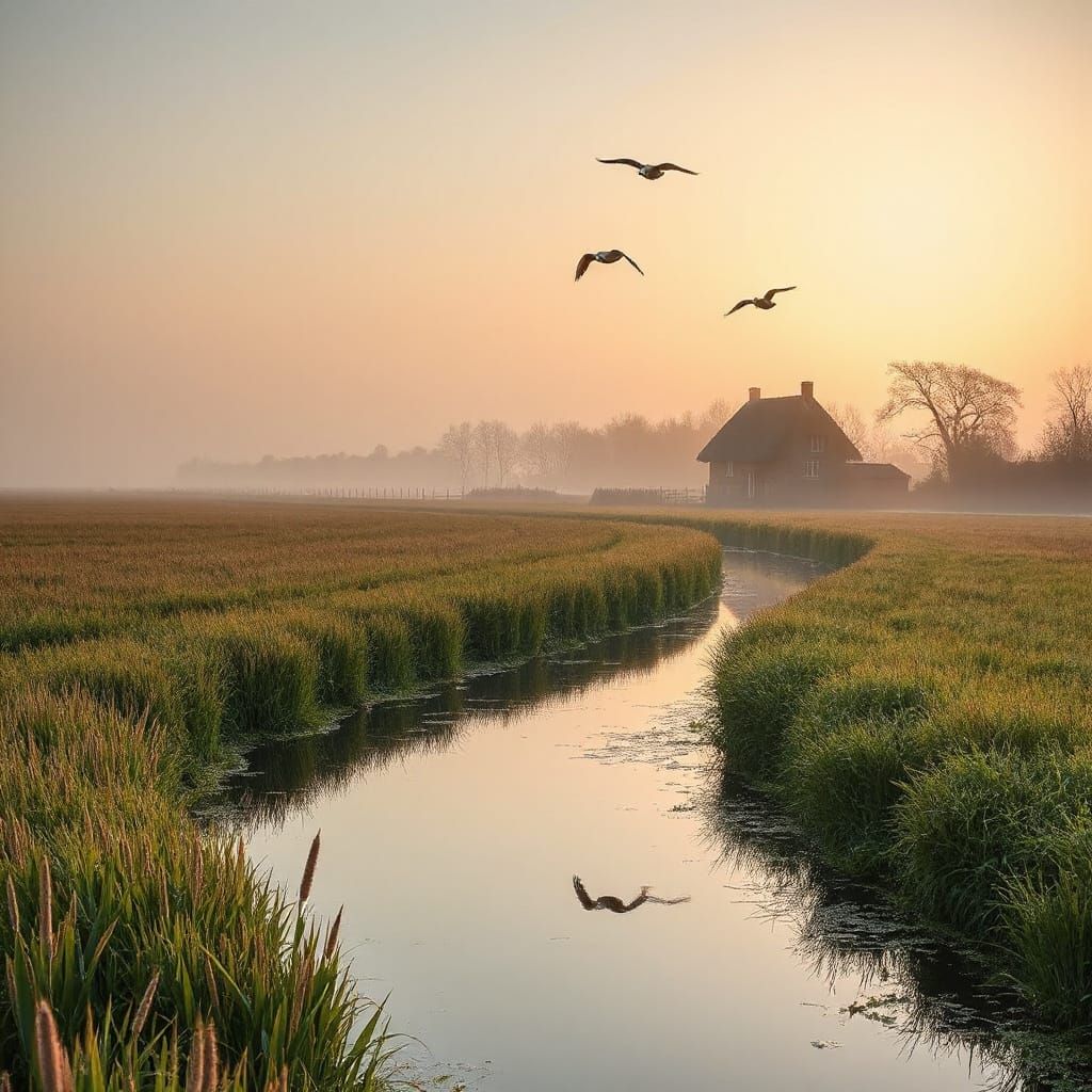 Soft Dawn Light Over Dutch Meadows and Canal