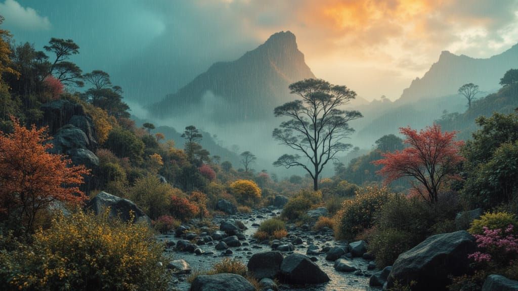 Rainy Azores Concept Art with Lush Volcanic Landscapes