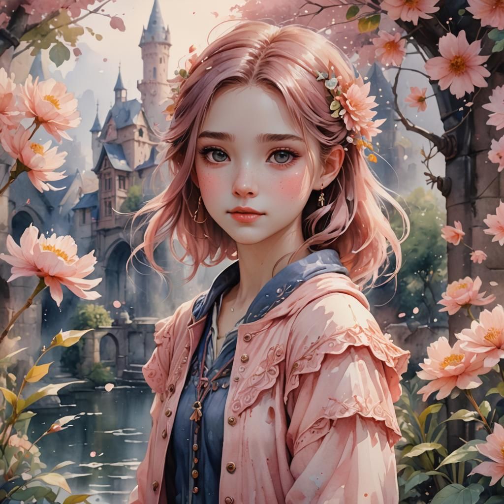 Cheerful Girl in Watercolor Fantasy Concept Art