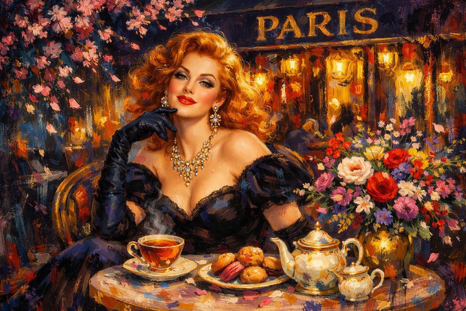 Glamorous Woman in Paris Cafe, Vintage Hollywood Style