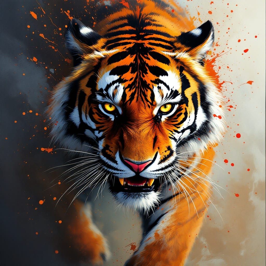 Expressive Tiger in Dynamic Action Painting