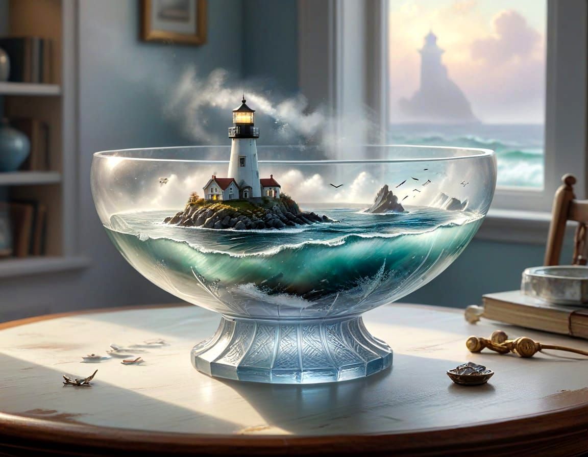 Crystal Bowl with Miniature Lighthouse and Ocean