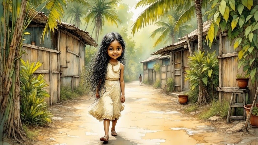 South Indian Girl in Kerala Dress, Folk Art Style