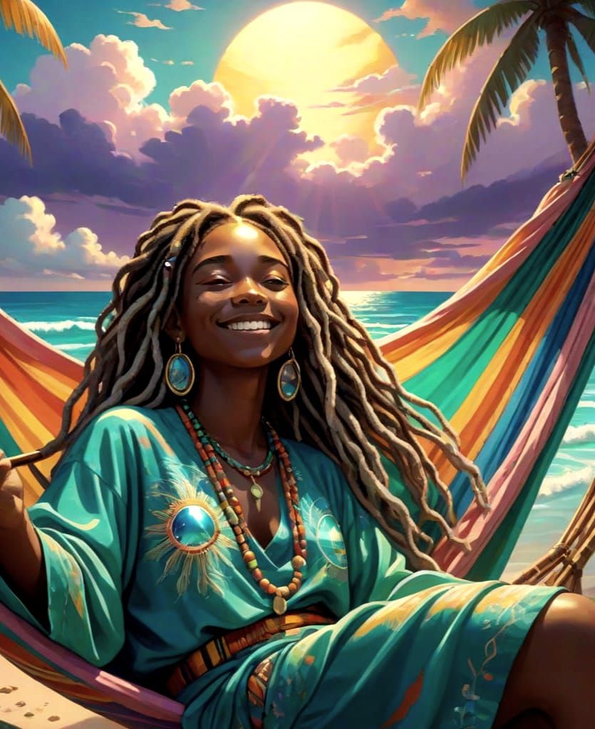 Anime Hippie Woman on Patchwork Hammock