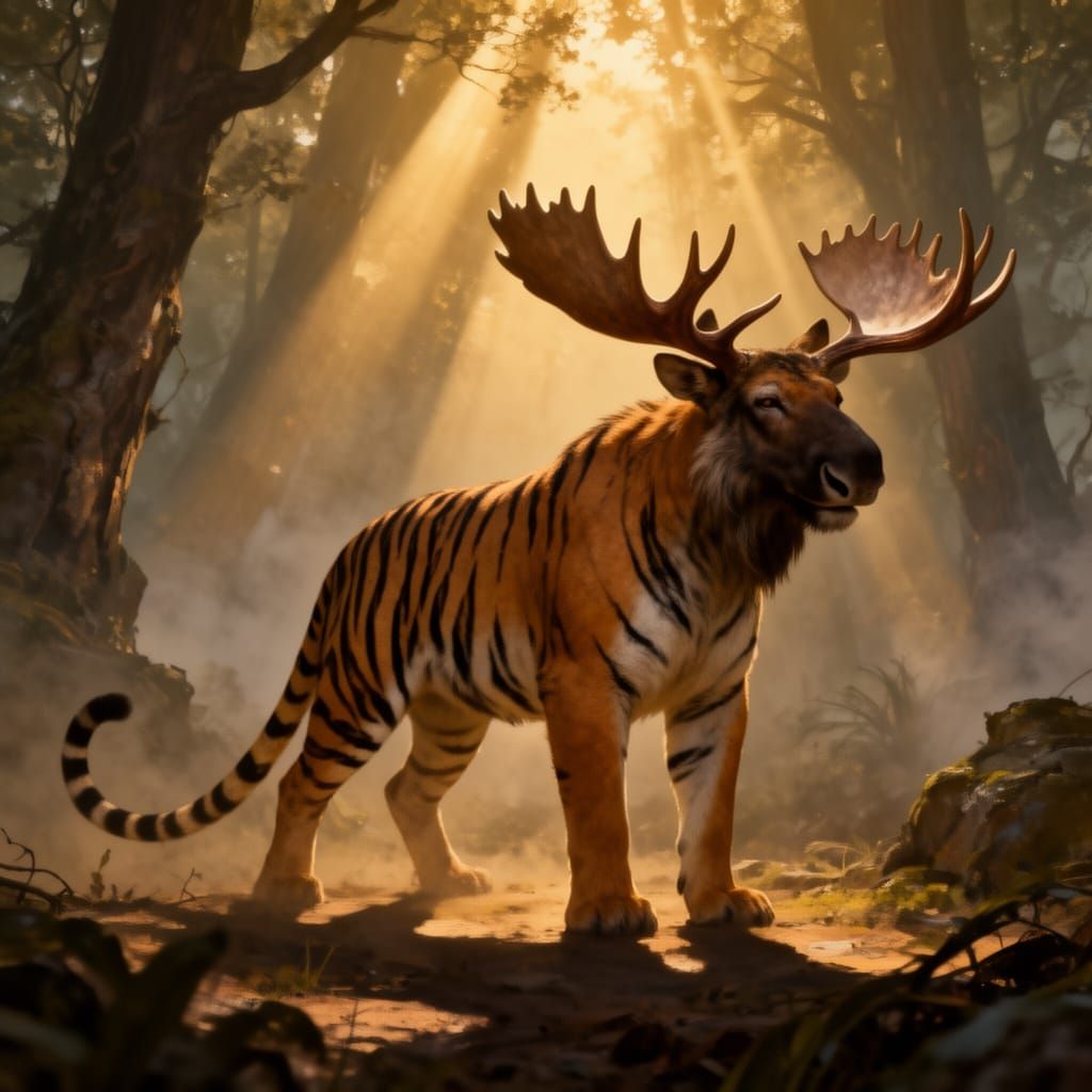 Tiger-Moose Hybrid in Misty Forest