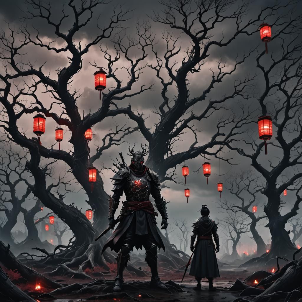 Eerie Bondsman in Japan-Inspired Dark Fantasy Art