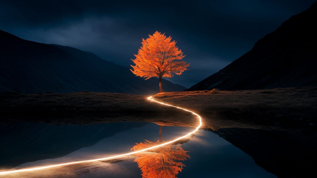 Surreal Landscape with Glowing Pathway and Orange Tree Silho...
