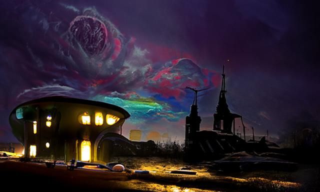 Clocktower on Neon Planet as Geometric Digital Art