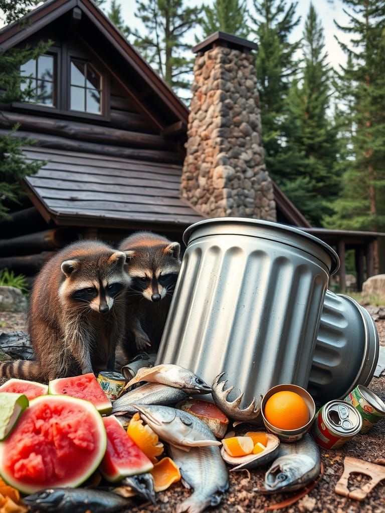 Raccoons Scavenging Trash in Mountain Forest