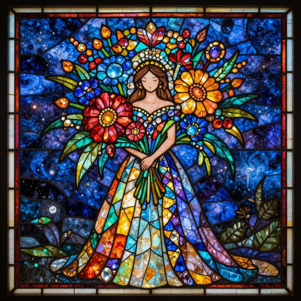 Gemstone Flower Bouquet in Cosmic Stained Glass Style