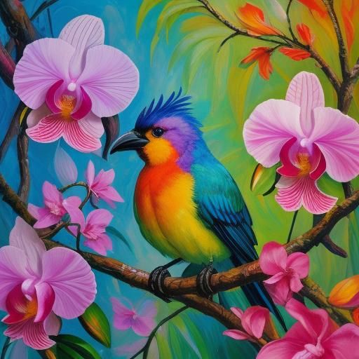 Tropical Bird in Orchids: Neo-Impressionist Oil Painting