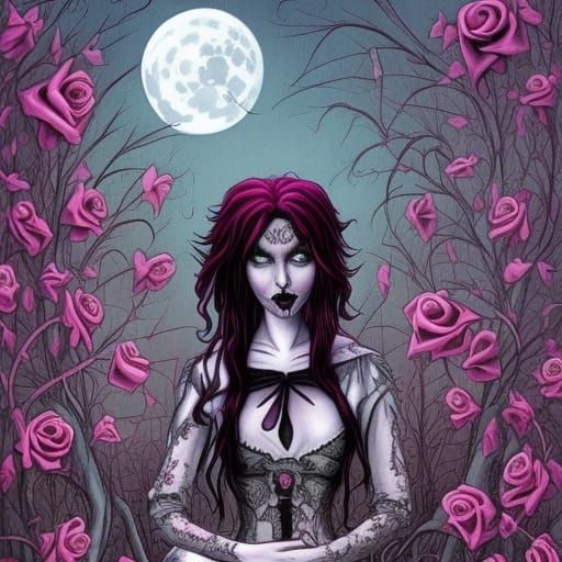 Gothic Cartoon Princess in Crimson Rose Garden