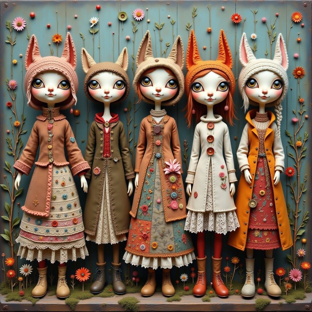 Folk-Art Cat Dolls in Whimsical Winter Wonderland