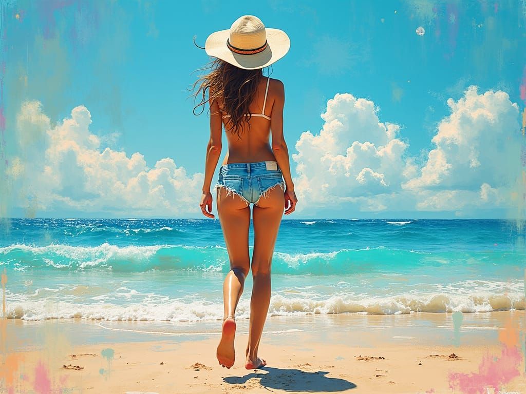 Woman with Sun Hat on Beach in Graffiti Art