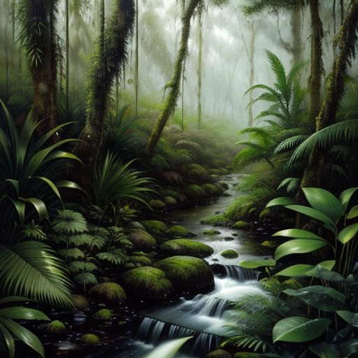 Lush Rainforest Landscape in Photorealistic Oil Painting