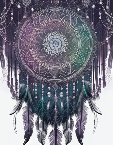 Colorful Dreamcatcher in Misty Forest, Detailed Ink Drawing