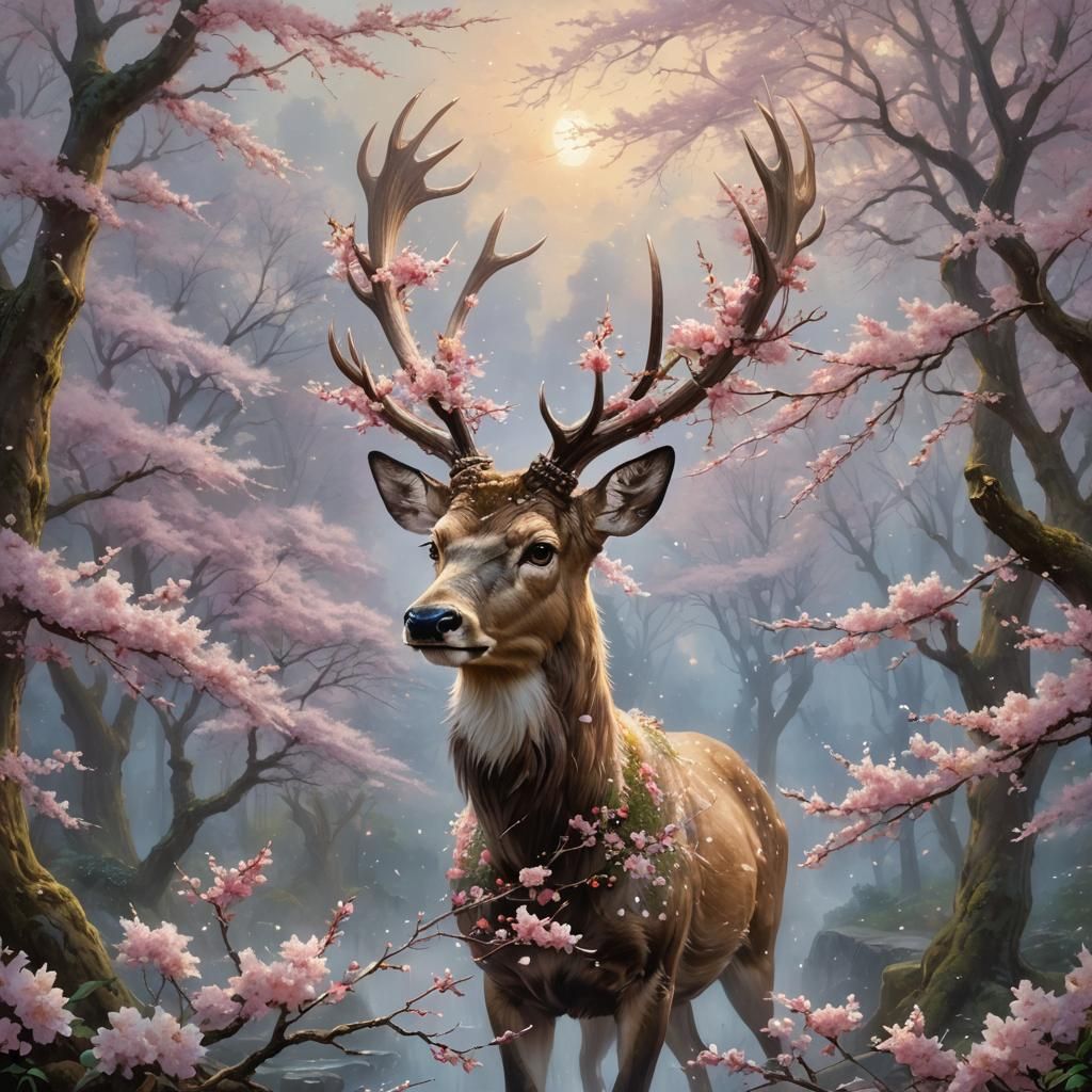 Cherry Blossoms Bloom from Deer Head: Ethereal Fantasy