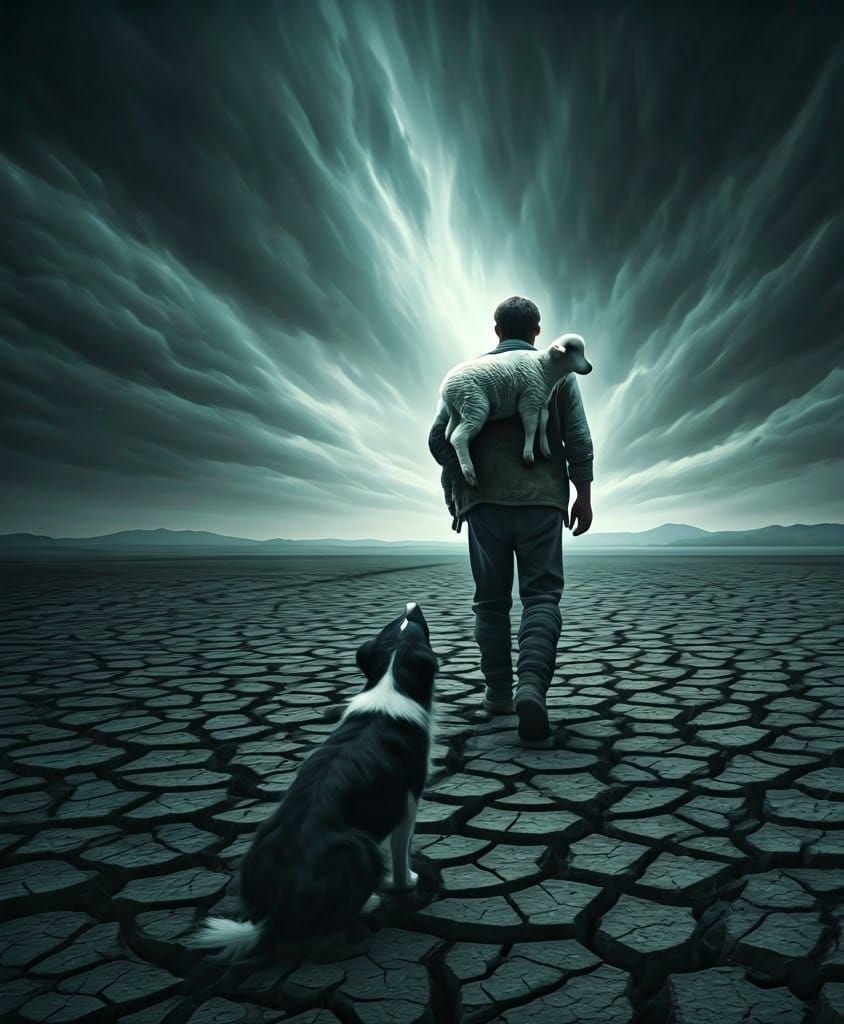 Farmer and Lamb in Drought, Matte Painting Style