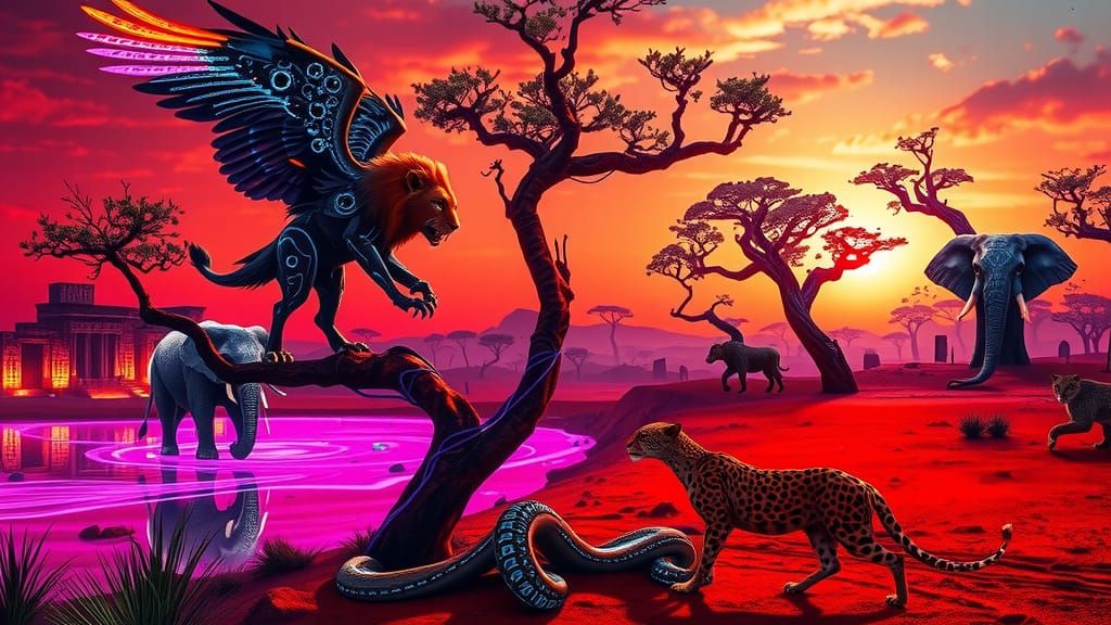 Cybernetic Animals Roam Futuristic African Cityscape
