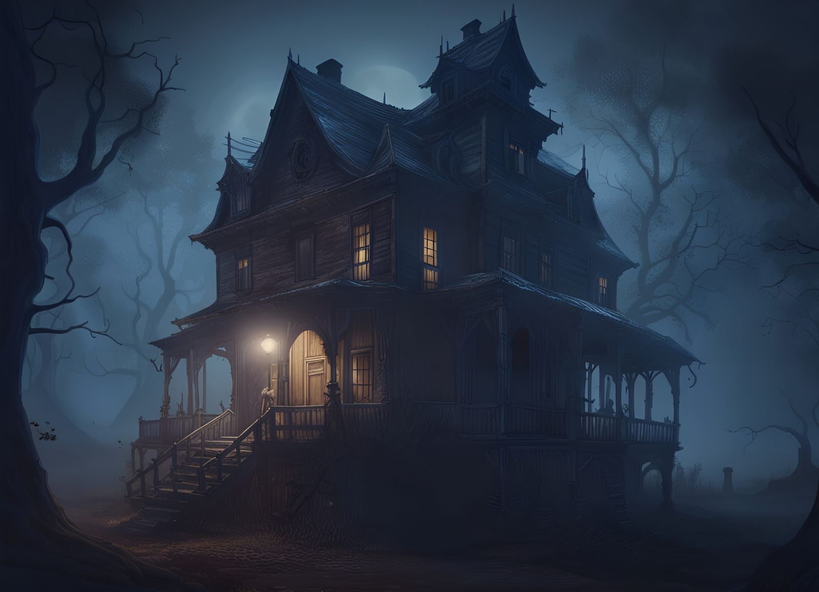 Haunted House in Forest at Night