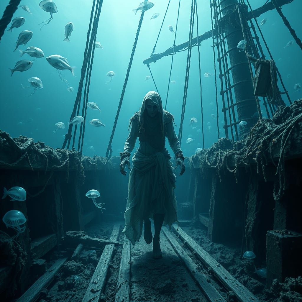 Pirate Specter Wanders Sunken Ship in Eerie, Hyper Realistic...