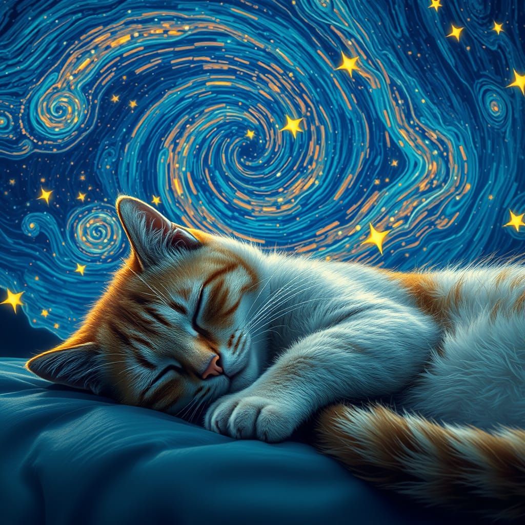 Cat Nap Under Starry Night Sky in Post-Impressionist Style