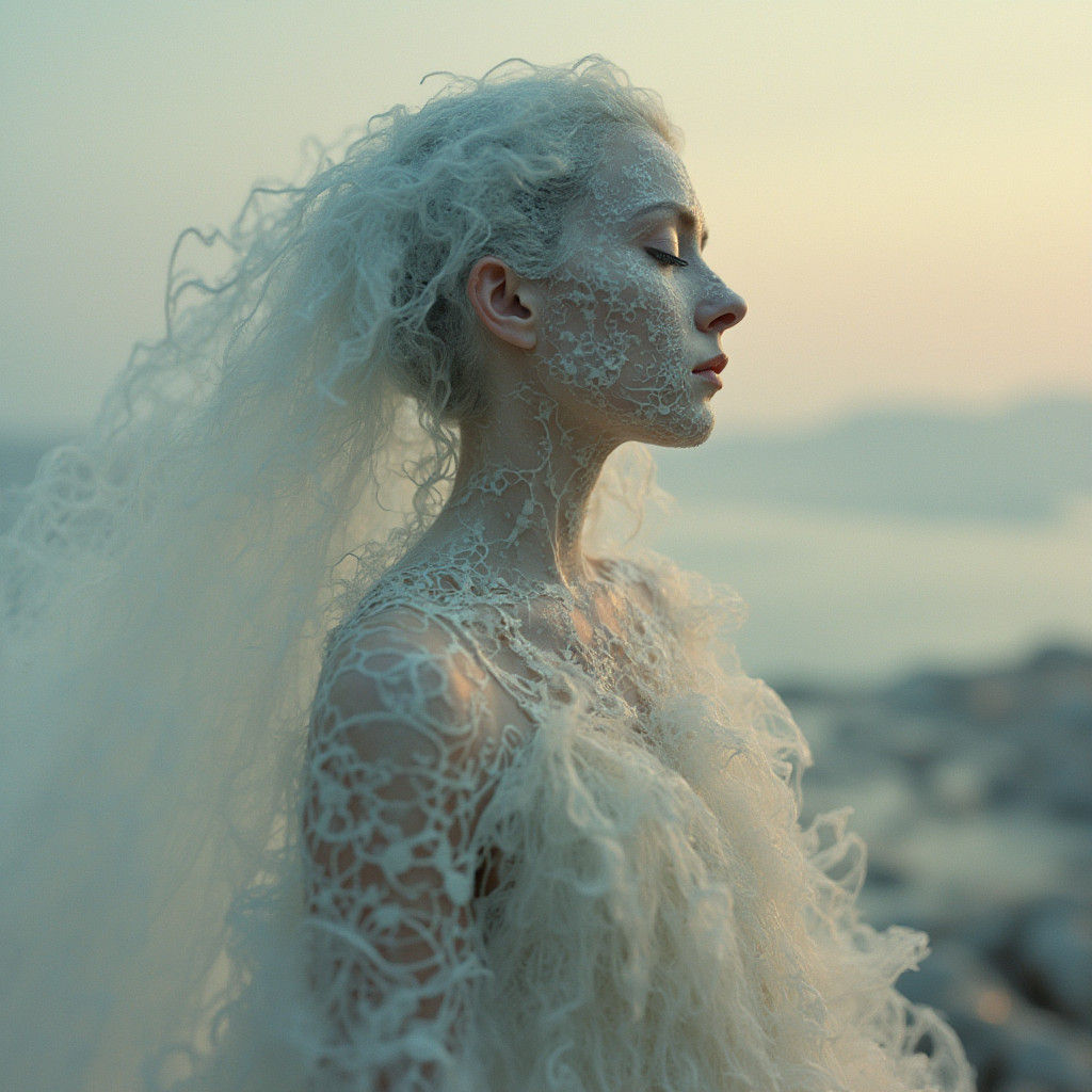 Ethereal Veiled Woman in Abstract Expressionist Dreamscape