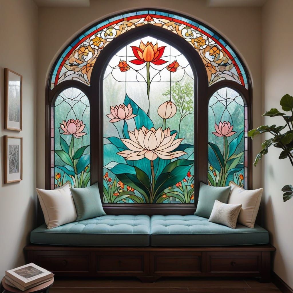 Cozy Reading Nook with Lotus Stained Glass