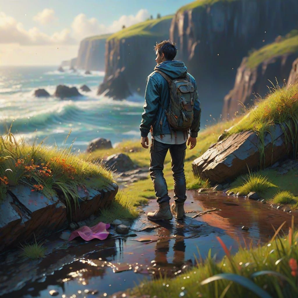 Figure on Cliff Edge in Harsh Afternoon Light