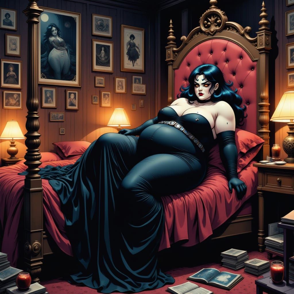 Seductive Gluttony Demoness in Dark Fantasy Gothic Bedchambe...